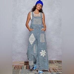 POL “ Denim Daydreams Overalls “ Patchwork Crochet Wide Leg | Denim